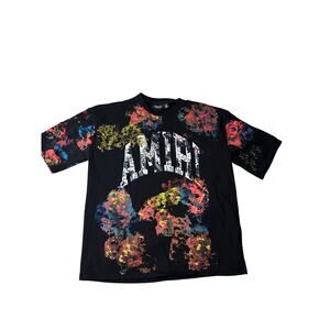 Amiri Men's Black Floral Print Drop Shoulder Premium Round Neck T-shirt Size 2XL
